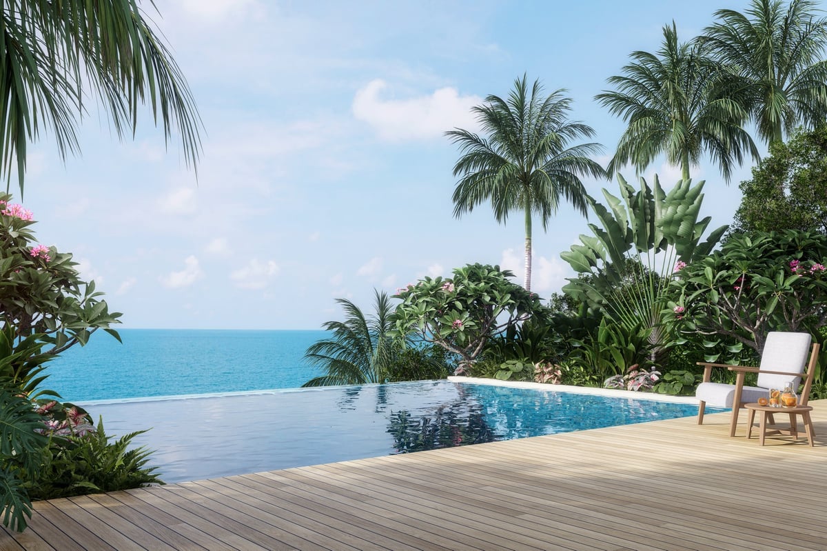 Modern contemporary swimming pool terrace with sea view