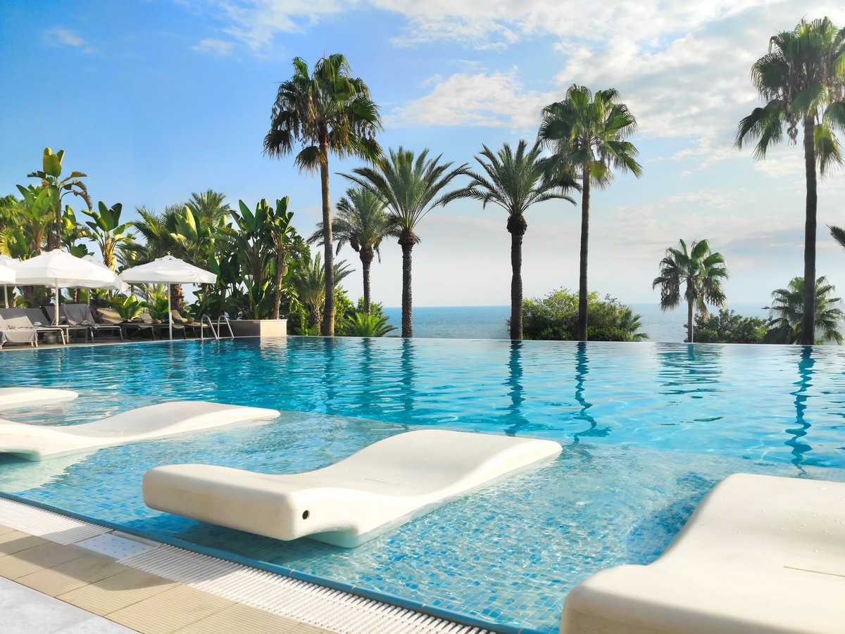 Stunning resort pool surrounded by loungers and palms