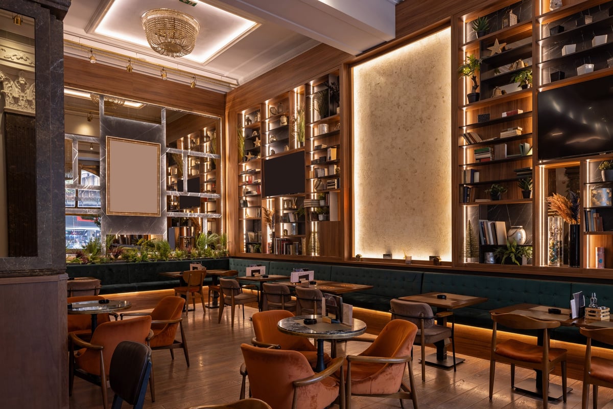 Stylish double-level restaurant with chandeliers