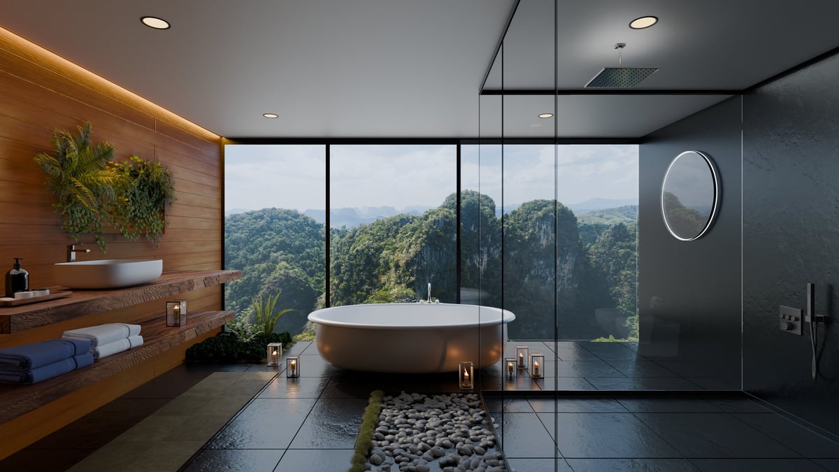 Luxury bathroom with bathtub and mountain views